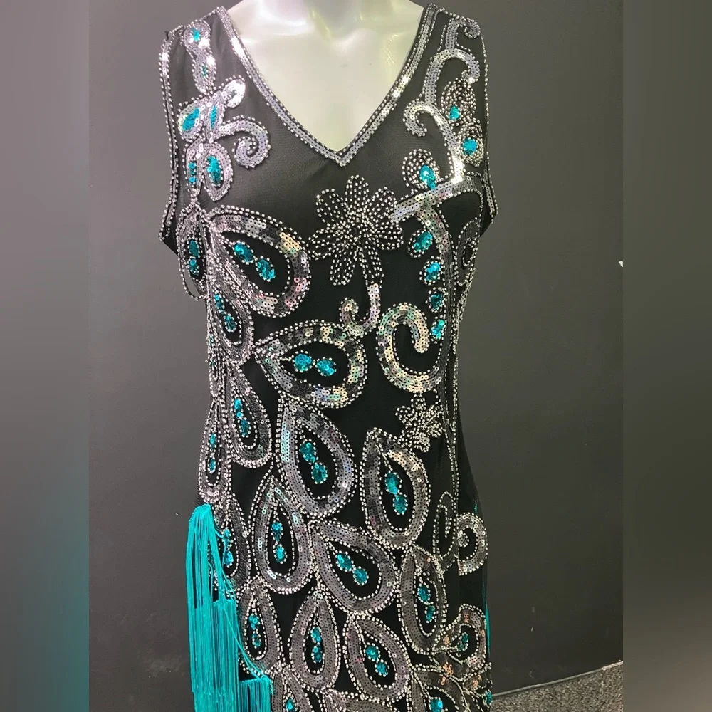 BabeYond black green and Silver peacock embroidered fringe flapper dress XL - Picture 3 of 15